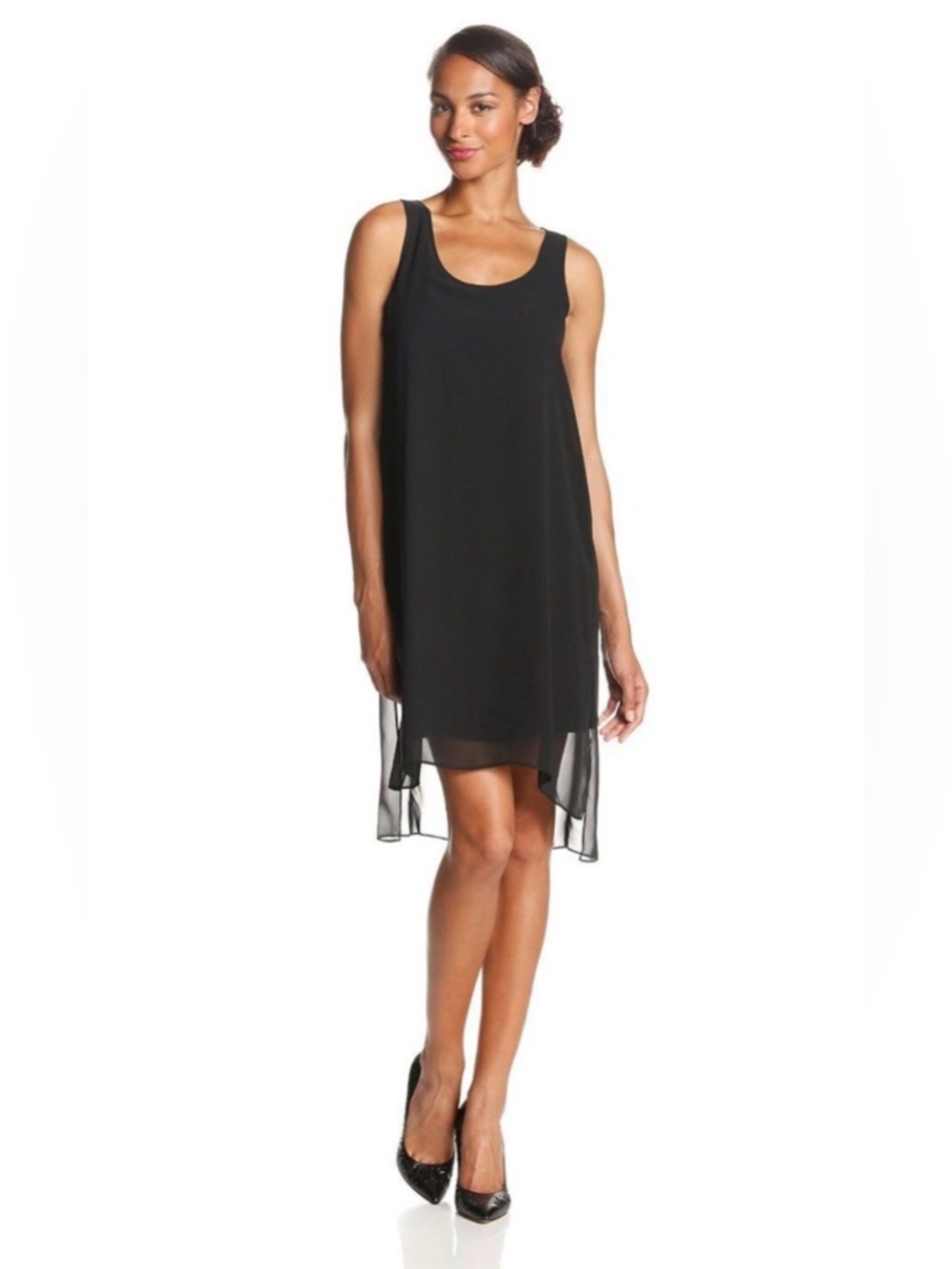 Kenneth Cole New York Black Sleeveless Midi Dress with Chiffon Overlay